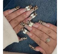 GlamRays Lot de 24 faux ongles à presser - Motif léopard - Longs ovales - Avec arche de clé blanche - Charmes - Design Cheetah - Ongles adhésifs - Pointe française - Brillants