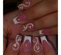 GlamRays Lot de 24 faux ongles à presser, moyens, carrés, roses, avec design, pointe française, en acrylique, couverture complète