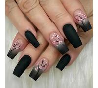 GlamRays Lot de 24 faux ongles à presser, noirs, longueur moyenne, carrés, motif de fleurs roses, en acrylique, couverture complète, brillants