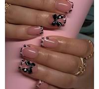 GlamRays Lot de 24 faux ongles à pression avec nœud, pointes françaises carrées courtes avec motif imprimé léopard noir, faux ongles brillants, nu, couverture complète