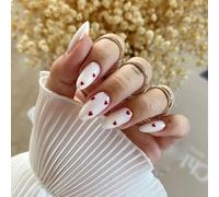 GlamRays Lot de 24 faux ongles blancs à presser avec pointe française en forme d'amande - Adorable cœur rouge - Réutilisable - Couverture complète - Ongles adhésifs brillants