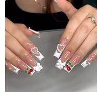 GlamRays Lot de 24 faux ongles carrés extra longs en dentelle française 3D avec motif cerisier et perle - Couverture complète