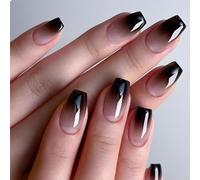 GlamRays Lot de 24 faux ongles courts à coller pour manucure française, dégradé noir-blanc brillant, avec décoration, couverture complète, réutilisables
