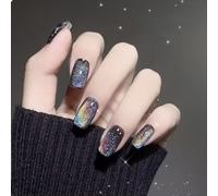 GlamRays Lot de 24 faux ongles courts carrés noirs à coller, avec motifs colorés, en acrylique brillant