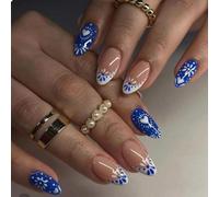 GlamRays Lot de 24 faux ongles French Tip On Nails - Longueur moyenne - Style bohème - En forme d'amande - Forme de cœur bleu - Lignes acryliques - Avec design bohème brillant