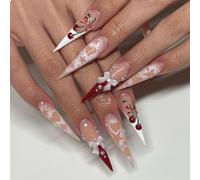 GlamRays Lot de 24 faux ongles longs à press-on - En acrylique - Avec nœud 3D - Motif cerises - En forme de cœur et d'étoile - Couverture complète