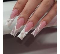 GlamRays Lot de 24 faux ongles longs carrés brillants en forme de cercueil, avec nœud et strass, en acrylique, blancs, avec perles