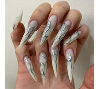 GlamRays Lot de 24 faux ongles longs Stiletto à presser sur ongles noirs brillants en acrylique gothique, amande, punk, tourbillon argenté, pointus blancs