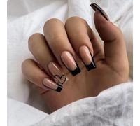 GlamRays Lot de 24 faux ongles press on nails French Long Moyen Cute Faux ongles en forme de cœur en acrylique Couverture complète Noir
