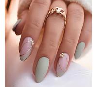 GlamRays Lot de 24 faux ongles press on nails moyens en forme d'amande, faux ongles verts, pointe française, ongles acryliques avec lignes dorées et strass, ongles adhésifs brillants