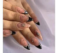 GlamRays Lot de 24 faux ongles press-on noirs - Pointes françaises - Faux ongles taille moyenne amande - Ongles acryliques brillants - Faux ongles avec designs de diamants, étoiles et lumière