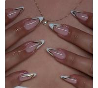 GlamRays Lot de 24 faux ongles press-on taille moyenne - Forme amande, blanches, avec ligne dorée brillante, ongles acryliques pointus Stiletto, ongles artificiels, embouts français, autocollants à