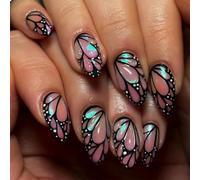 GlamRays Lot de 24 ongles à coller en forme d'amande moyenne avec motif papillon 3D