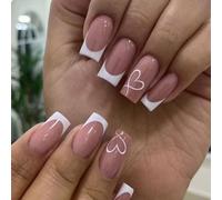 GlamRays Lot de 24 ongles press-on French Tip - Moyen, Blanc cœur, Style français, Long, Forme carrée, Acrylique