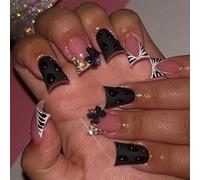 GlamRays Lot de 24 Ongles Press-on Noirs Court French Tip Faux Ongles avec Design Pailleté Coloré et Noeud Adorable Faux Ongles Couverture Complète Ongles Autoadhésifs Nude