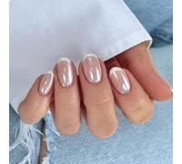 GlamRays Lot de 30 faux ongles courts en forme d'amande chromée, pointe française, rose, brillant, acrylique, couverture complète