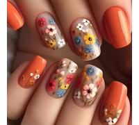 GlamRays Ongles à presser floraux courts carrés Ongles de printemps à presser orange moyen Faux ongles avec motif floral Ongles brillants floraux Faux ongles couverture complète 24 pièces