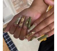 GlamRays Ongles longs à presser - Forme carrée - Vert - Avec strass - Faux ongles en acrylique - Motif fleurs