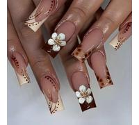 GlamRays Ongles Longs Pressés 24pcs, Faux Ongles Carrés French Tip avec Fleurs, Dégradé Ombre et Strass Swarovski, Ongles d’Art Autocollants Élégants