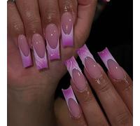 GlamRays Ongles Pression Long Carrés Faux Ongles Violet Rose Dégradé French Tip Ongles Adhésifs 3D Effet Vague Acrylique Design 24 Pièces Squoval Faux Ongles