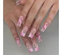 GlamRays Ongles Pression Longs Carrés Faux Ongles Fleurs Faux Ongles Pression Avec Design Rose Acrylique 3D Faux Ongles Couverture Complète Doux 24 Pièces