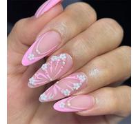 GlamRays Rose French Tip Ongles Pressés Mandes Moyennes Faux Ongles Papillon Rose Faux Ongles avec Motifs Fleur 3D Perles Design Colle Acryl sur Ongles Mat Couverture Complète 24 Pièces