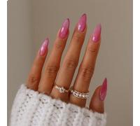 GlamRays Rose Pression sur Ongles Mi-Longs Amande Œil de Chat Faux Ongles Acryliques Coller Ongles Avec Argent Paillette Designs Couverture Complète Faux Ongles Pression 24 Pièces