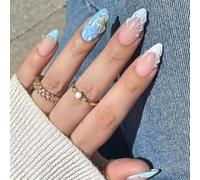 GlamRays Sommer Strand Ongles à Presser 24 Pièces Style 3D Acrylique Faux Ongles Amandes Moyennes Bleu Brillant French Tips Faux Ongles Gel Colle sur Ongles Manucure Fleur