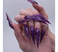 GlamRays Stiletto Lot de 24 faux ongles longs à presser avec colle style gothique Violet 3D Texture chromée Bling Design Y2k Punk en acrylique Amande Fait à la main Couverture complète