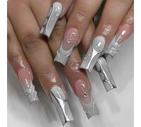 GlamRays Y2k Lot de 24 faux ongles à presser carrés longs et carrés argentés et chromés, pointe française adhésive, texture 3D