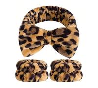 Glam'Up Paris - Kit Bandeau et Manchettes - Souples et Élastiques - Accessoires Spa et Maquillage - Soin de la Peau - en Flanelle Douce - Imprimé Leopard