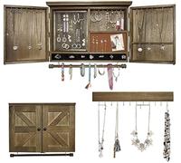 GLANT Rustic Wall Mounted Jewelry Organizer with Wooden Barndoor Decor,Wooden Wall Mount Holder,Jewelry holder for Necklaces, Earings, Bracelets, Ring Holder. Includes matching hook organizer