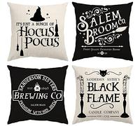 Glaring Lot de 4 Housses de Coussin décoratives d'halloween 45,7 x 45,7 cm - Décoration d'halloween - Hocus Pocus - avec Dicton de Ferme - Housse de Coussin décorative pour la Maison - Noir