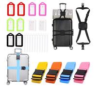 Glarks 25pcs Porte - Bagages, étiquettes de Bagages et Kits de Sangles de Sac à Dos, Sangles d'emballage réglables avec Bande passante de Coffre et identifiants de Bagages en Plastique avec lanières