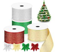 Glarks 4 rouleaux 5cm x 10m ruban métallique scintillant à bords métalliques, rouge/vert/argent/or ruban d'emballage en tissu scintillant métallique pour décoration d'arbre de Noël