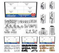 Glarks 60pcs M6 x 10/12/15/20mm Nickelé Barrel Croix Dowels Kit d'écrou fentu, comprend 40pcs Barrel Nut, 10pcs M6x10mm 4-pronged Tee Nut, 10pcs M6x15mm Hex Socket fileté écrou d'insertion