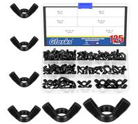 Glarks Assortiment de 125 écrous papillon noirs de 6 tailles, 3/8''-16, 5/16''-18, 1/4''-20, #10-24, #8-32, #6-32 Écrous papillon en acier au carbone haute résistance, fixations de boulons à ailettes