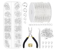 Glarks Ensemble de 504 pièces de chaînes de bijoux de 9 mètres, chaînes de collier en argent non soudées, maillons décoratifs avec 400 anneaux à ressort et 100 fermoirs mousqueton pour la fabrication