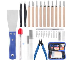 Glarks Kit de nettoyage de buses d’imprimante 3D 34 pièces, avec aiguilles de nettoyage de 0,35 mm et 0,4 mm, kit d’outils de sculpture sur bois, kit de nettoyage de couteaux, pinces, raclette