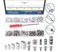 Glarks Lot de 121 pinces à câble métallique en acier inoxydable et assortiment de manchons de sertissage en aluminium, clip de verrouillage de câble à trou simple/double avec butée de vis d'extrémité,