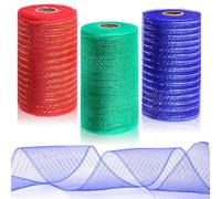 Glarks Lot de 3 rouleaux de ruban en maille métallique d'Halloween - En polymaille - Rouge avec or, bleu argenté - Vert de Noël - Pour couronnes, swags, artisanat, fête et décoration