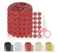 Glarks Lot de 3 Rubans à Strass en Forme de Fleur Rouge, 98 mm x 2,7 m, 6 Rangées de Tissu en Maille avec 2 Outils pour Loisirs Créatifs
