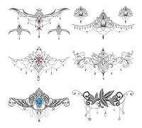 GLARYYEARS Lot de 6 tatouages temporaires sous les seins Faux réalistes noirs Grands tatouages amovibles et créatifs Motif feuilles florales sexy Pour bijoux