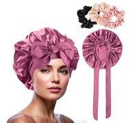 GlasFlength Bonnet Satin Cheveux Nuit, Bonnet de Nuit en Soie à Bande Élastique Doux et Confortable Réglable Bonnet Cheveux Nuit avec 3 Chouchous en Soie pour Femmes et Filles (Rose)