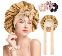 GlasFlength Bonnet Satin Cheveux Nuit, Bonnet de Nuit en Soie à Bande Élastique Doux et Confortable Réglable Bonnet Cheveux Nuit Double Couche avec 3 Chouchous en Soie pour Femmes et Filles (Kaki)