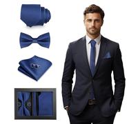 GlasFlength Cravate Homme Set 4 Pièces, Compris Réglable Noeud Papillon Mouchoirs Boutons de Manchette et Coffret Cadeau Classique Formel Couleur Cravates pour Fete de Mariage (Bleu)