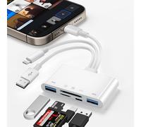 GlasFlength Lecteur de Carte Mémoire 5 en 1, Adaptateur Carte pour iPhone iPad Android Lecteur Carte avec Double Fente pour Micro SD/SD et Port USB Connecteur Lightning Chargement (Blanc)