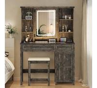 GlasFlength Meuble de maquillage de ferme avec miroir éclairé, bureau avec station de charge, coiffeuse avec armoire à bijoux cachée, table de maquillage de 101,6 cm avec plateau en verre, tabouret