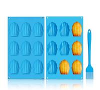 GlasFlength Moule Madeleine Silicone, Lot de 2 Moule a Madeleine 9 Cavités Moule Antiadhésif en Forme de Coquille avec Brosse en Silicone pour Biscuits Chocolat Bonbons Pudding Gâteau (Bleu)
