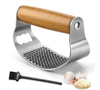 GlasFlength Presse Ail Inox a Bascule, Ecrase Ail Presse Ail Inox Professionnel Ecraseur D'ail Presse-ail Avec Une Petite Brosse Nettoyage Facile Manche en Bois Massif Hachoir Ail